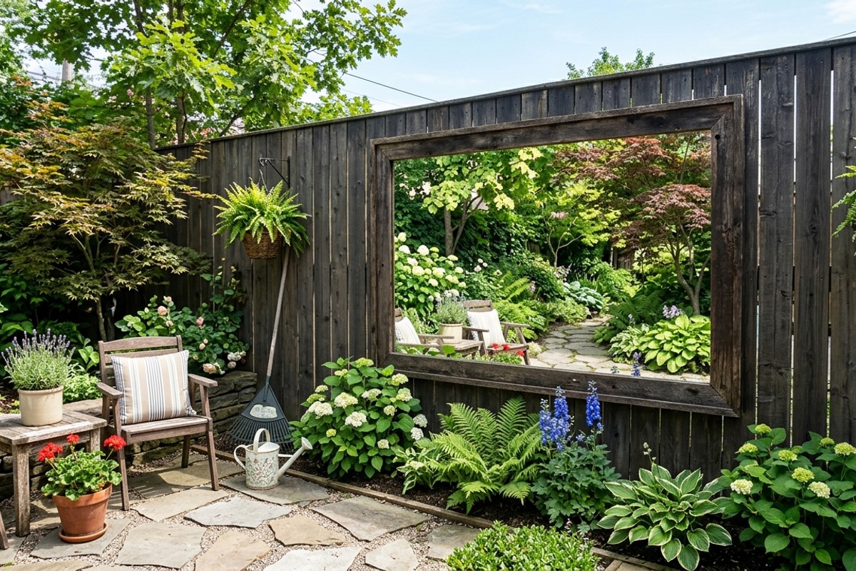 Outdoor mirror on a fence reflecting greenery to expand the perception of a small backyard.