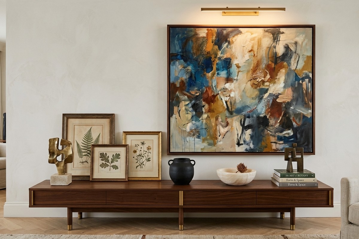 Living room wall with a large abstract painting, framed botanical prints, and sculptural objects.