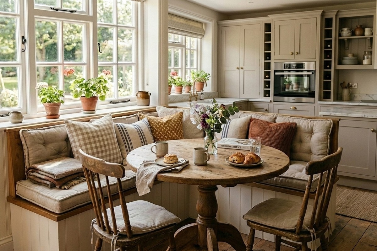 Inviting kitchen banquette with soft cushions in a sunny corner, promoting comfortable lingering.