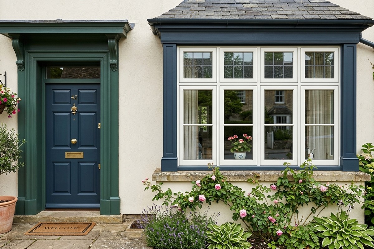 Home exterior with contrasting dark trim and molding colors on window frames and door surrounds.