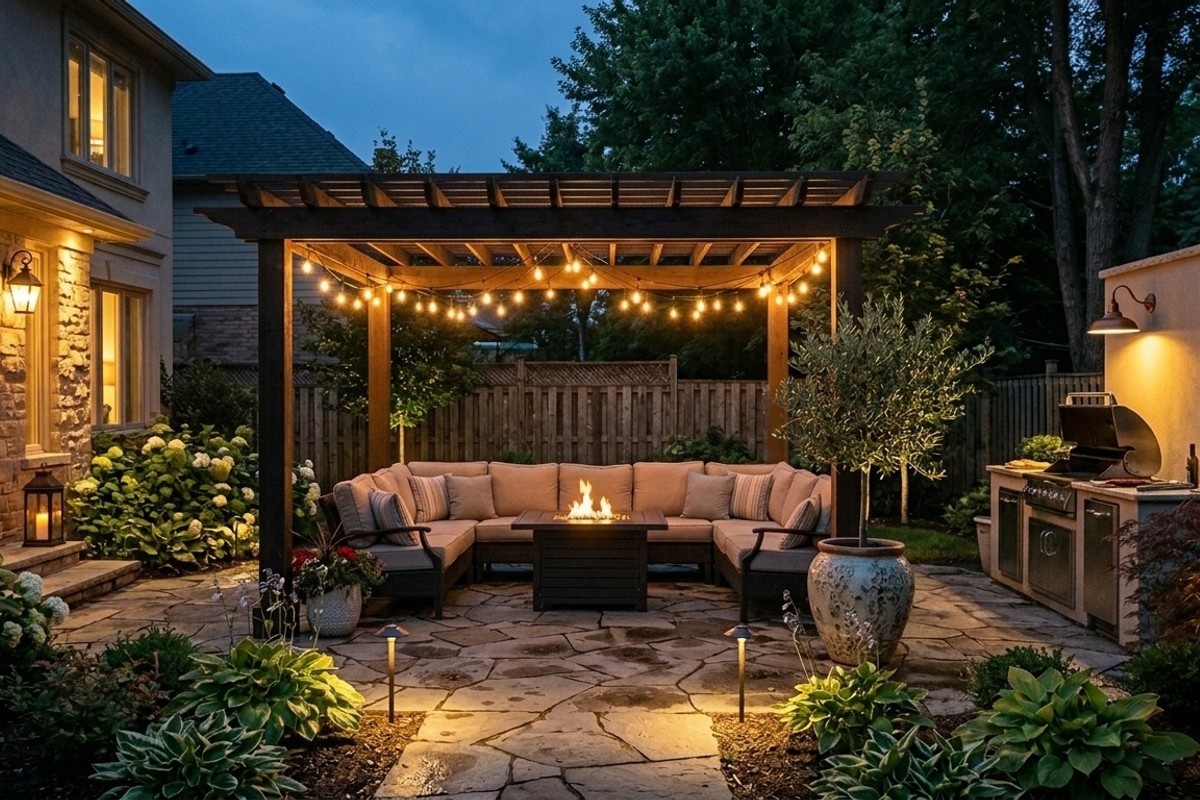 Patio illuminated with layered lighting, including string lights, task lights, and path lights.