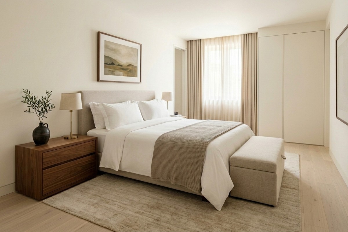 A minimalist, decluttered luxury bedroom with clear surfaces, discreet storage nightstands, and carefully chosen decor for an orderly feel.