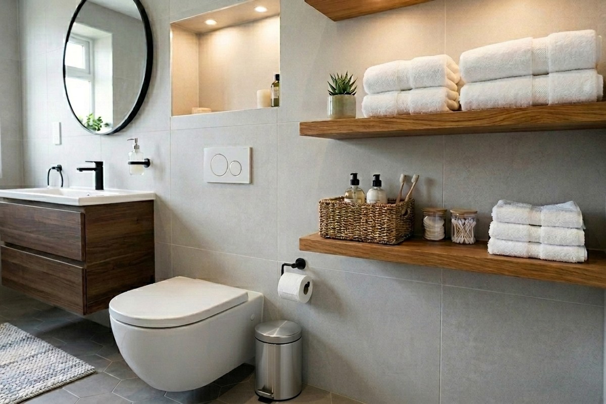 Modern bathroom with floating wooden shelves above toilet, holding towels and baskets