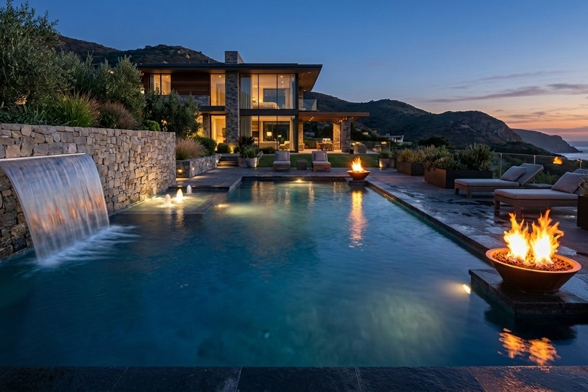 Stylish pool with a elegant sheer descent water feature, playful bubblers, and a modern fire bowl