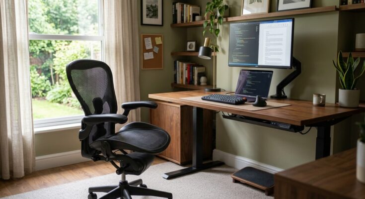 Ergonomic home office featuring a comfortable, supportive chair and a desk at the correct height for good posture and reduced strain.