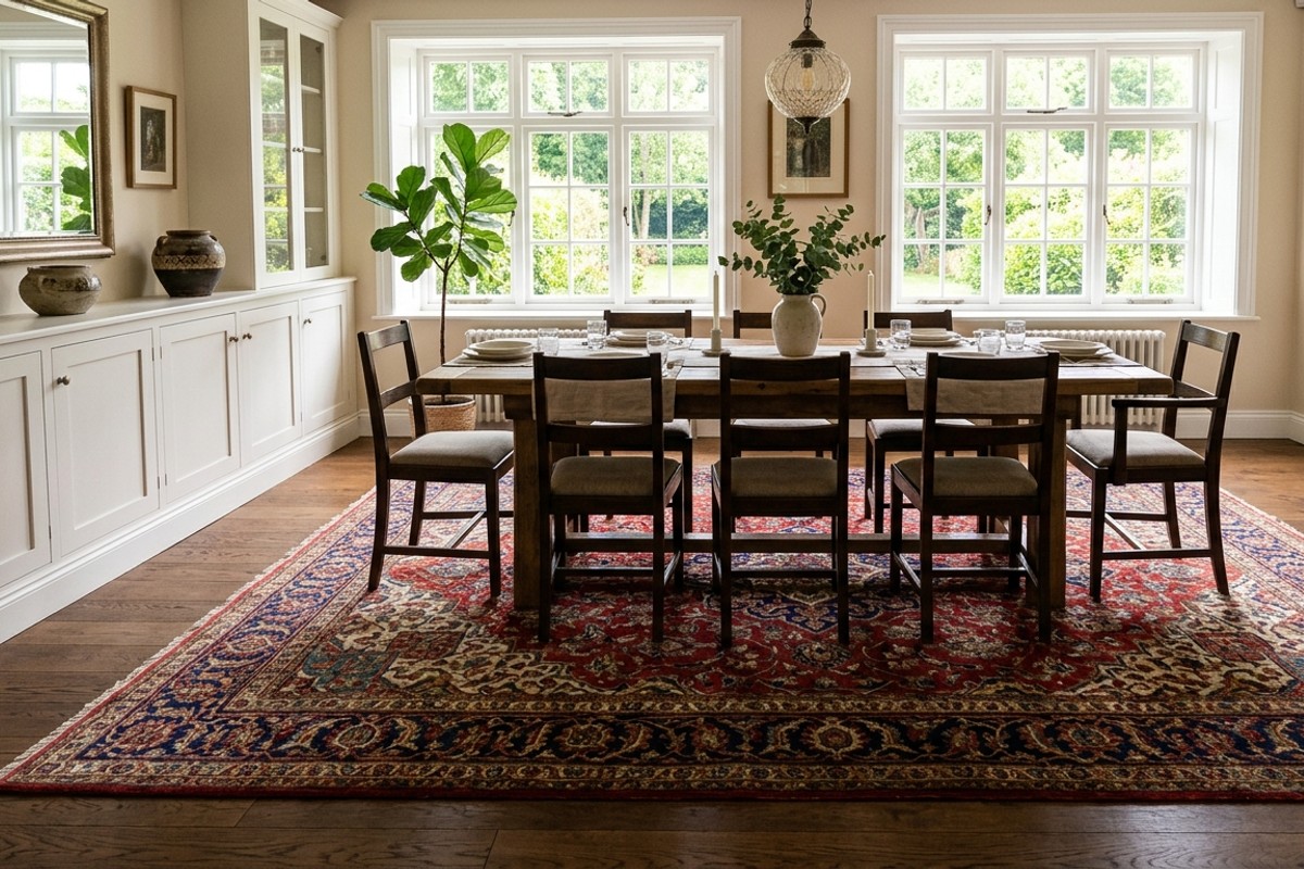 Dining room with a richly colored patterned area rug defining the space.