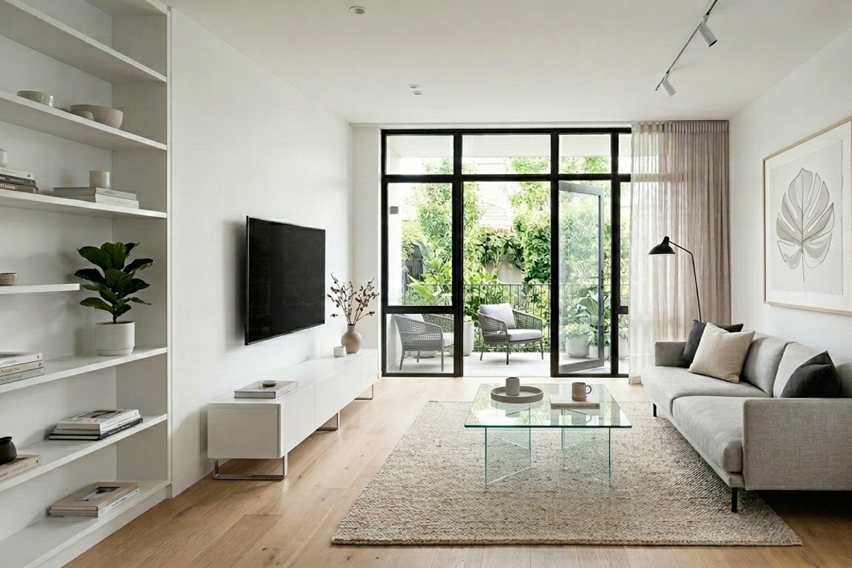 Decluttered living room with clean surfaces and minimal decor, showcasing an organized and spacious atmosphere.