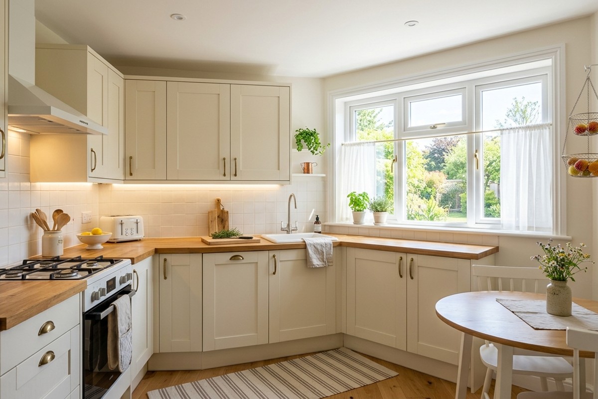 Well-lit small kitchen with abundant natural light and strategic under-cabinet lighting.
