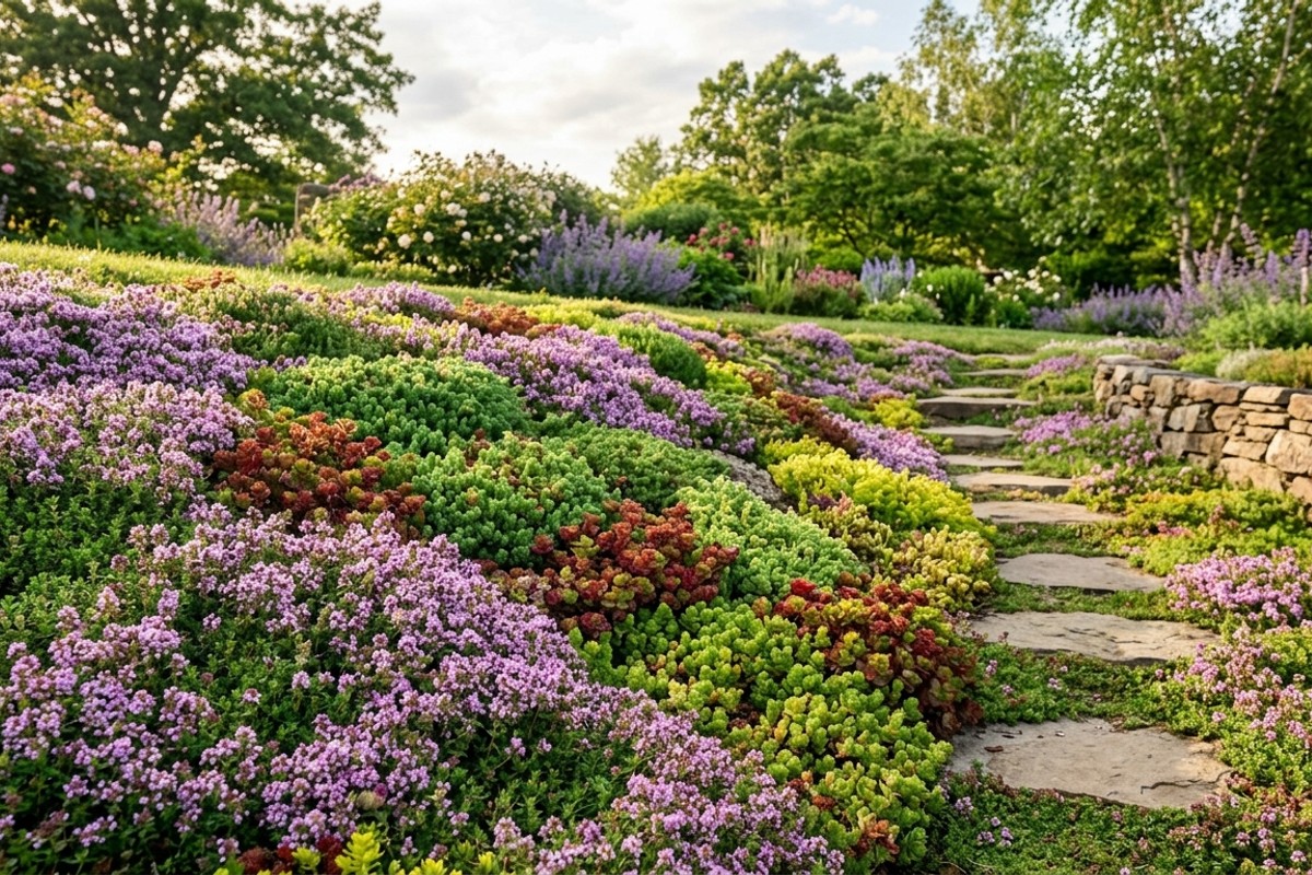 Creeping thyme and sedum groundcover beautifully covering a garden area, reducing lawn maintenance.