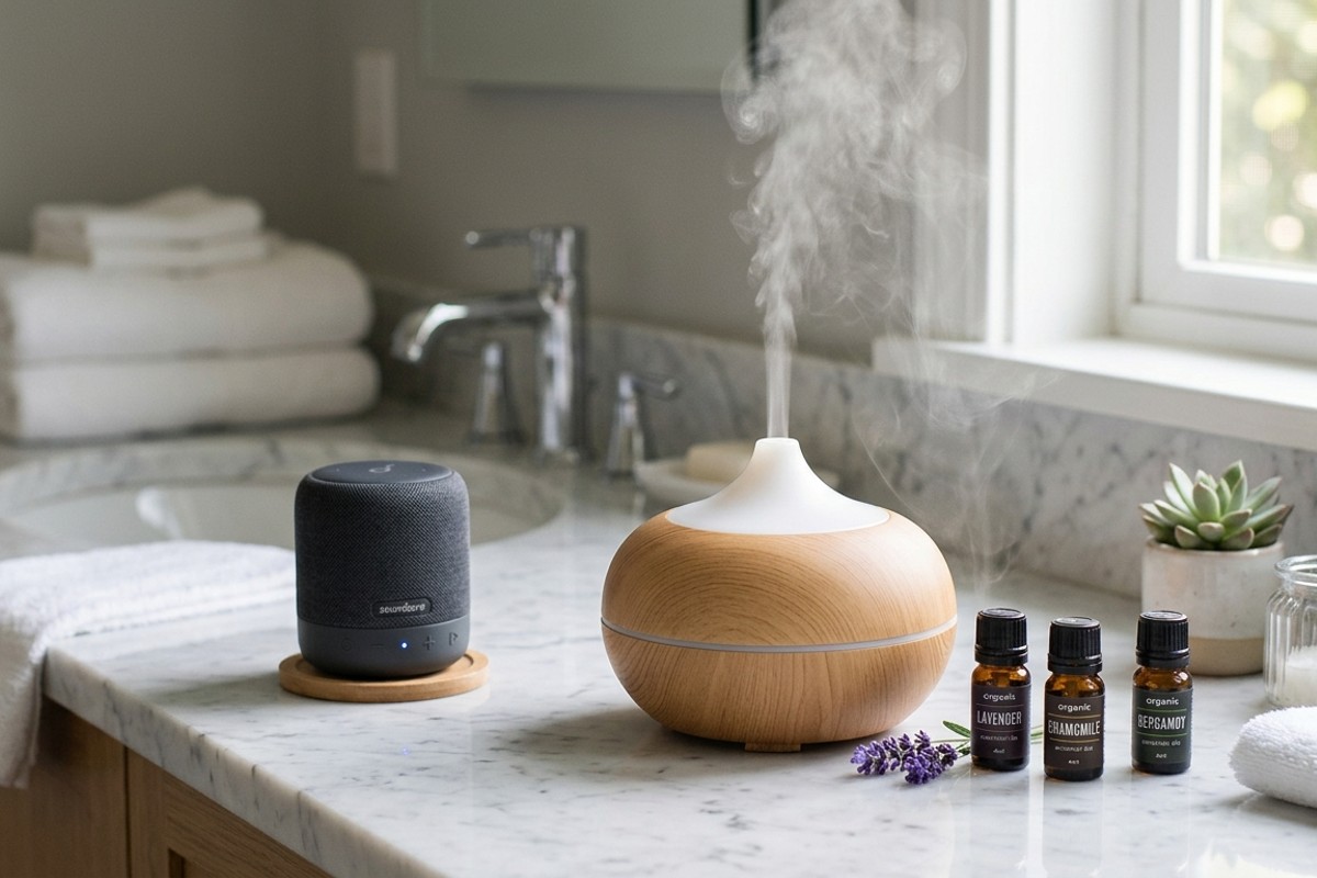 Bathroom countertop with an essential oil diffuser and a portable Bluetooth speaker for aromatherapy and soothing sounds.