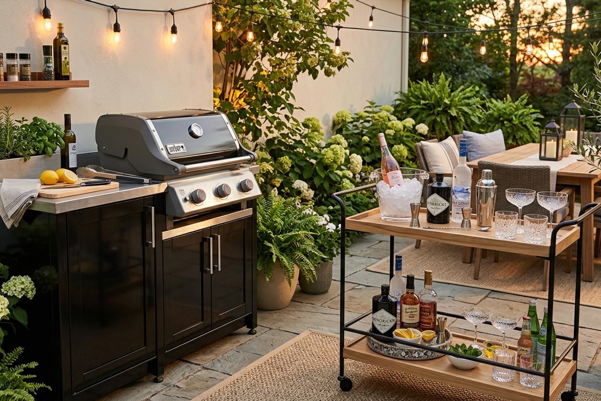 Compact outdoor kitchenette and a well-stocked bar cart on a patio, set up for effortless entertaining