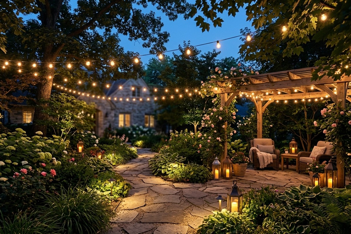 Backyard retreat at dusk illuminated by warm-toned string lights, subtle path lights, and lanterns with LED candles, creating a magical atmosphere.