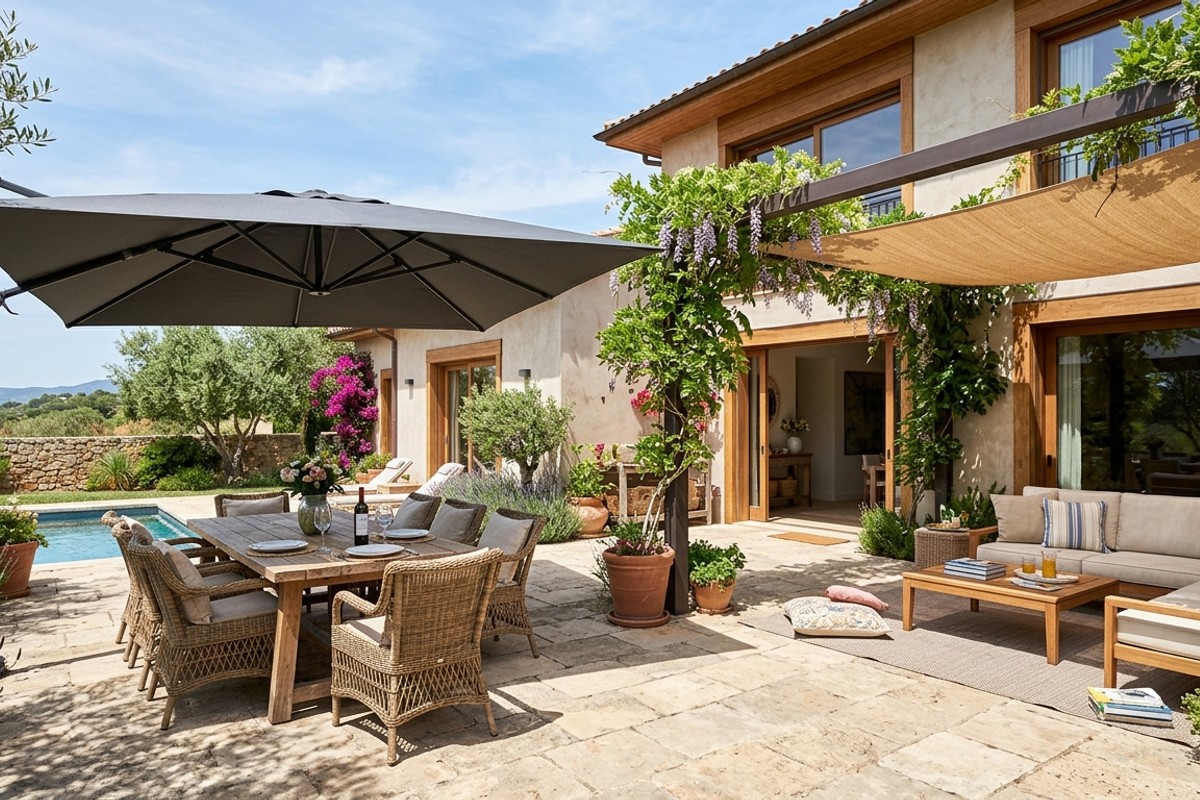 Patio with a large cantilever umbrella providing shade over outdoor seating.