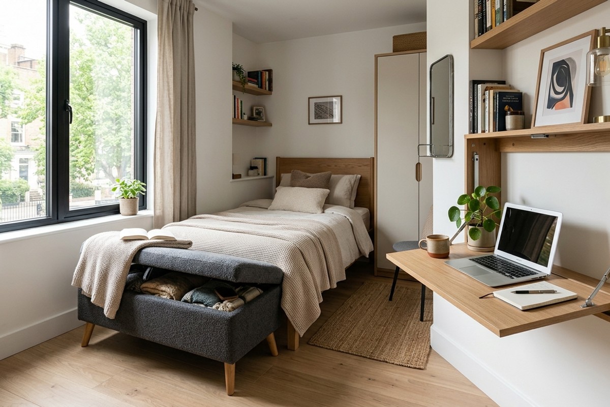 Multi-functional ottoman providing both storage and seating in a small bedroom.