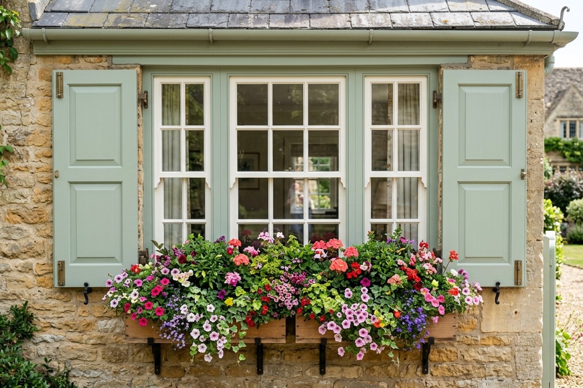 Home windows with overflowing flower boxes filled with colorful flowers and custom-fit decorative shutters.