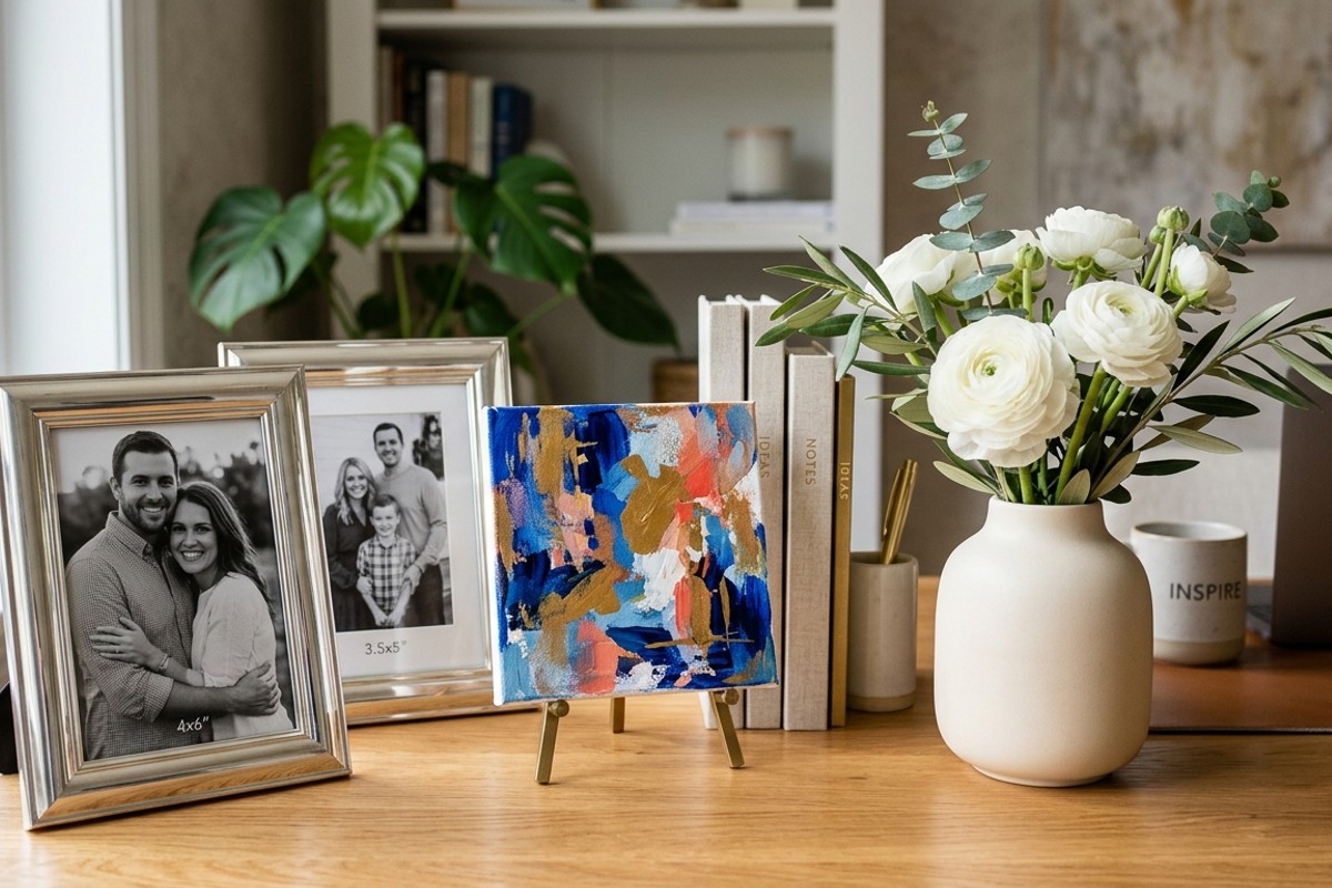 A personalized home office desk with elegant framed photos, a unique art piece, and a ceramic vase with fresh flowers.
