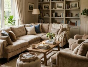 Living room with plush, inviting sofa and armchairs, featuring deep cushions and soft upholstery for ultimate comfort.