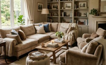 Living room with plush, inviting sofa and armchairs, featuring deep cushions and soft upholstery for ultimate comfort.
