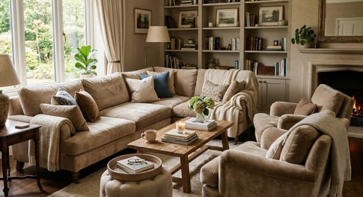 Living room with plush, inviting sofa and armchairs, featuring deep cushions and soft upholstery for ultimate comfort.