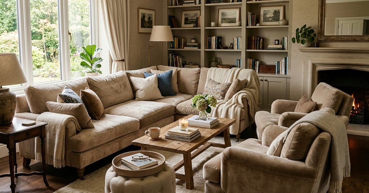 Living room with plush, inviting sofa and armchairs, featuring deep cushions and soft upholstery for ultimate comfort.