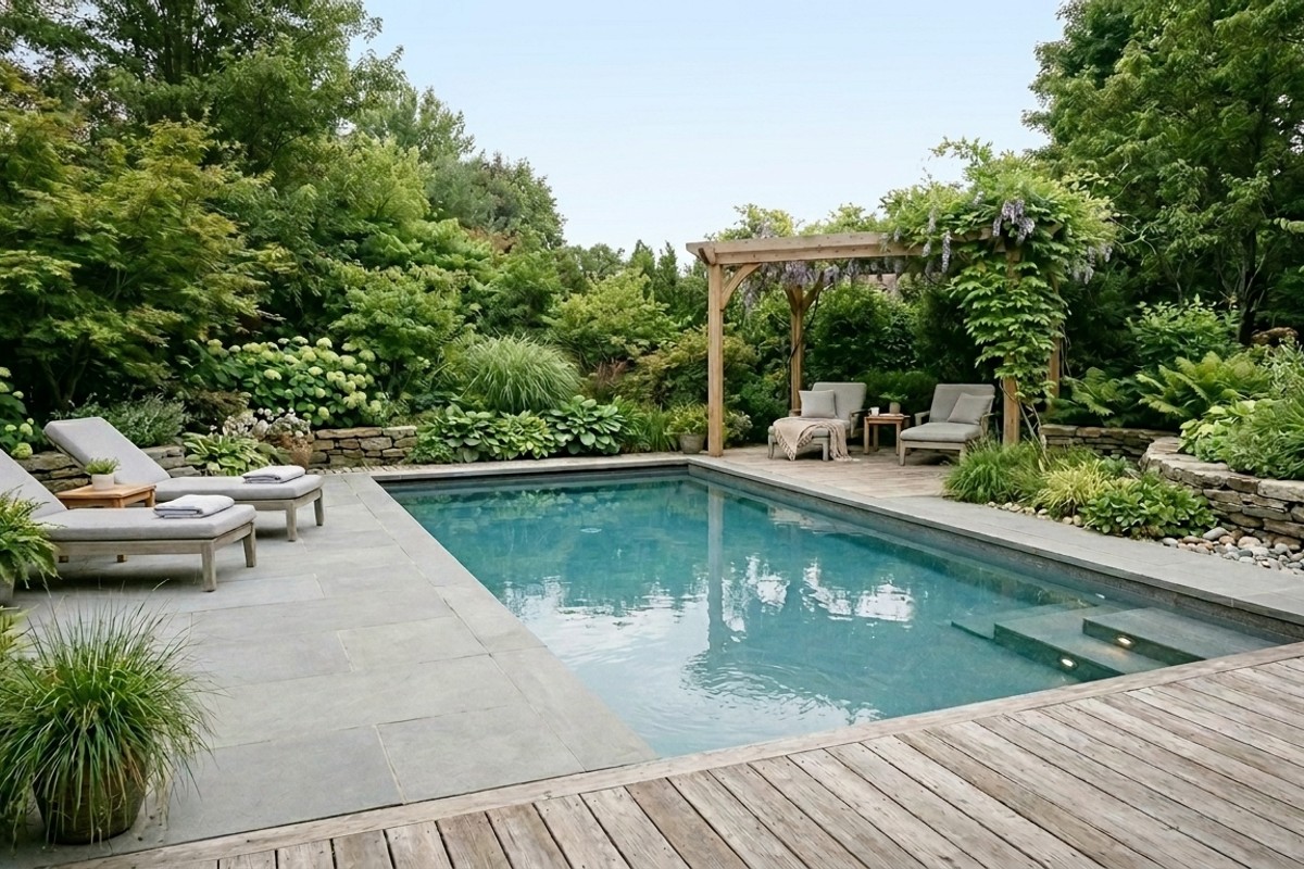 Backyard pool area featuring a calming palette of blues, greens, grays, and natural wood