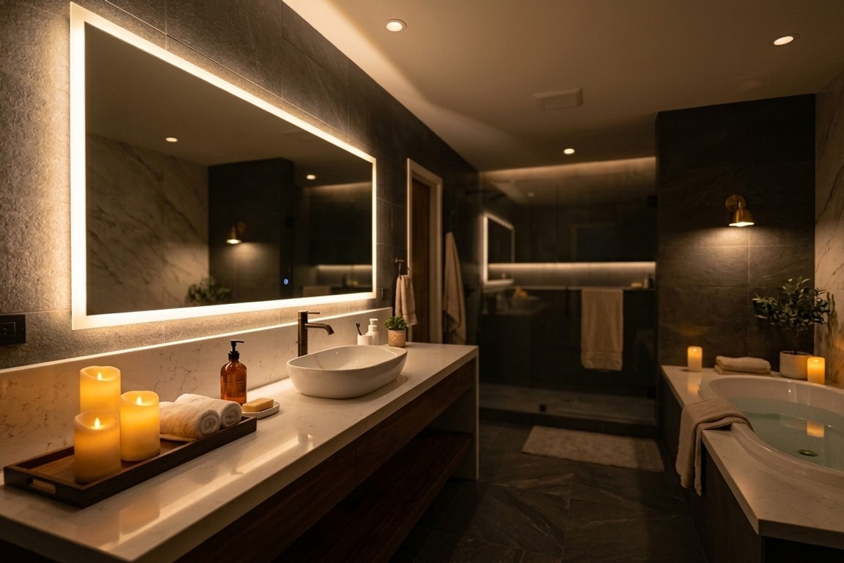 Spa bathroom with dimmable ambient lighting, soft mirror task lighting, and glowing LED candles.