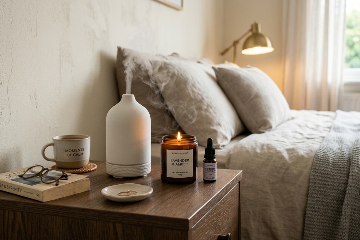 Bedroom bedside table with an essential oil diffuser, scented candle, and lavender oil.