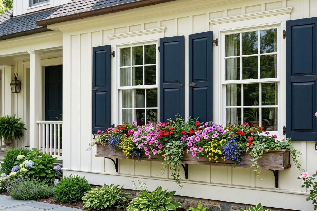 Windows with classic dark board-and-batten shutters and charming window boxes filled with colorful seasonal blooms.