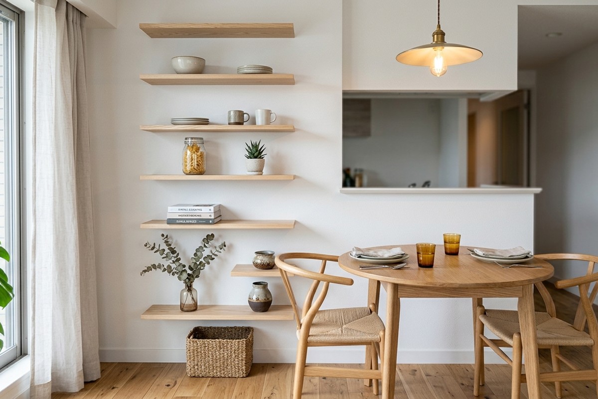 Wall-mounted floating shelves providing vertical storage in a small dining room.