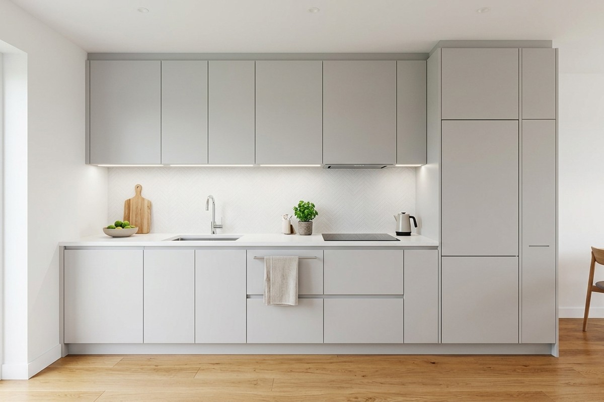 Streamlined small kitchen with built-in appliances, integrated refrigerator, and handle-less cabinetry for a minimal design.
