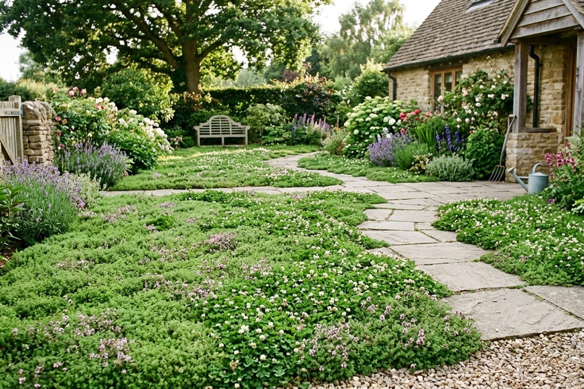 Low-maintenance garden area with creeping thyme groundcover replacing a traditional lawn, providing lush greenery with less upkeep.