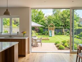 Backyard play area with clear sightlines from a patio, designed for easy adult supervision.