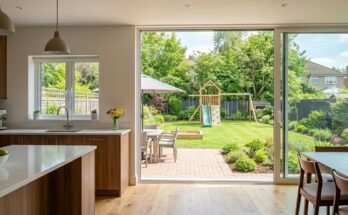 Backyard play area with clear sightlines from a patio, designed for easy adult supervision.