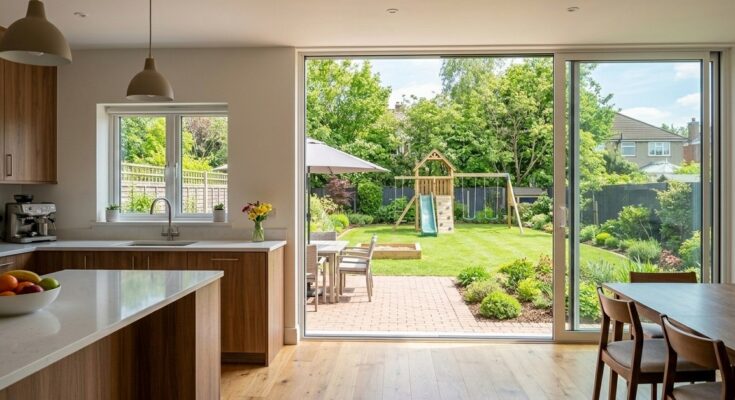 Backyard play area with clear sightlines from a patio, designed for easy adult supervision.