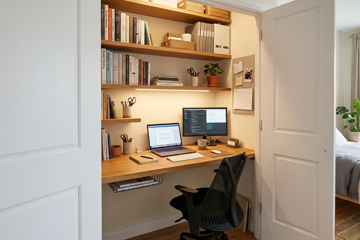 Open closet transformed into a 'cloffice' featuring a countertop, shelves, and task lighting for a hidden workspace.