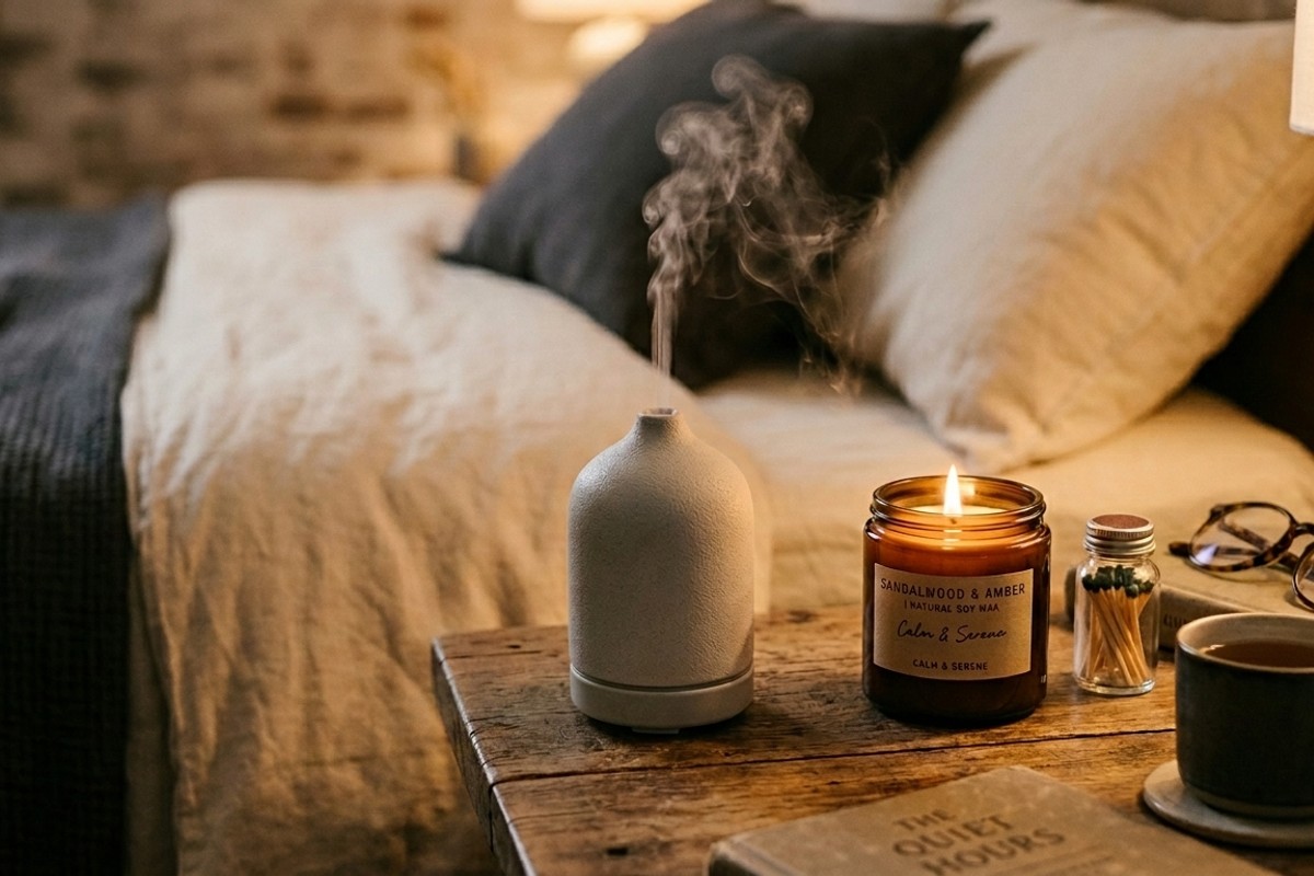 Bedside table with an essential oil diffuser and a lit natural soy candle for a calming scentscape.