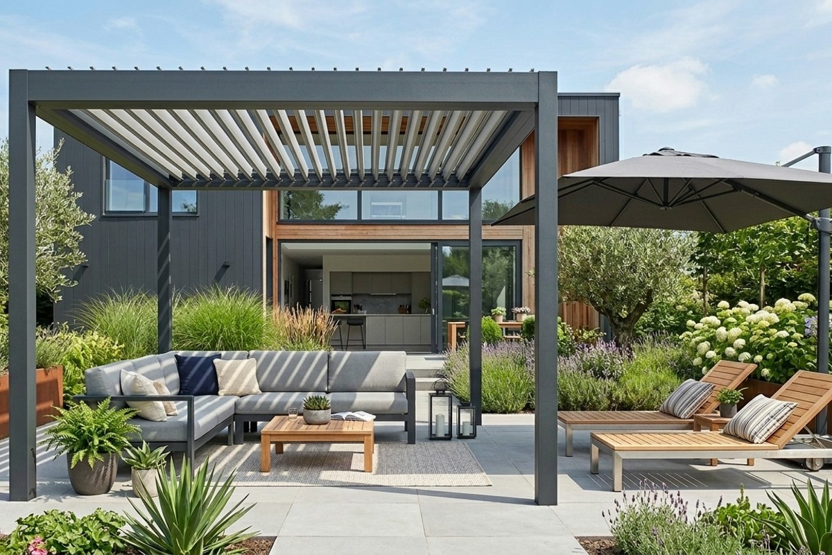 Modern pergola with louvered roof and a large cantilever umbrella providing adjustable shade over a patio.