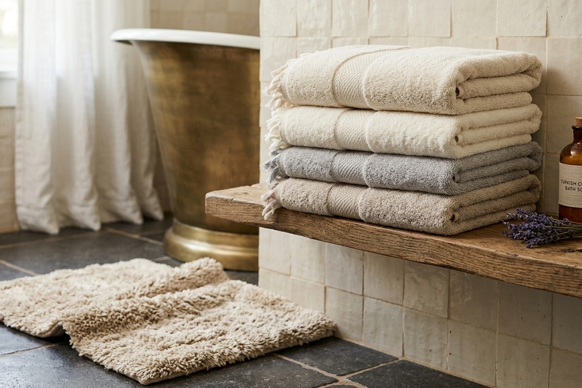 Luxurious bathroom details: stack of oversized Turkish cotton towels and a soft, deep pile bath mat.