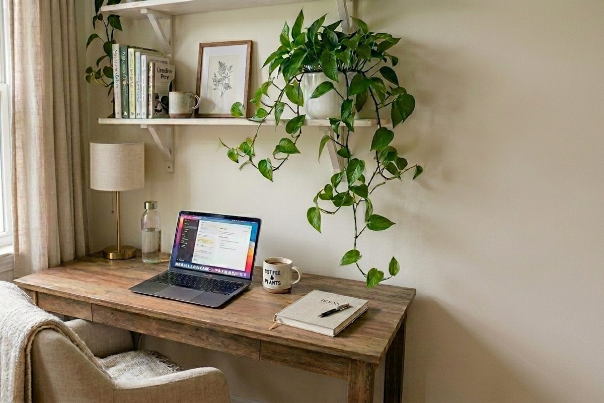 Home office incorporating biophilic elements with a Pothos and a snake plant.