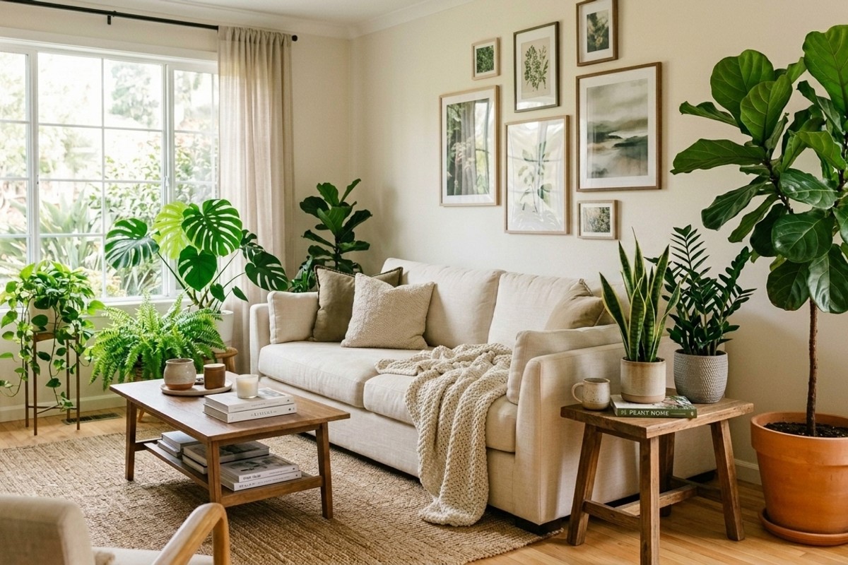 Inviting living room decor with a large fiddle-leaf fig, snake plants, and ZZ plants.