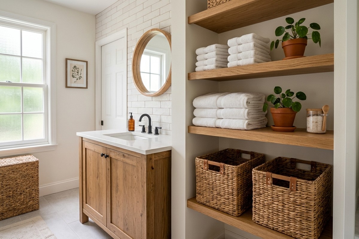 Open wooden shelves with folded towels and woven baskets for stylish bathroom storage.