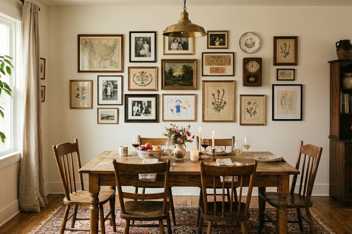 Gallery wall in a cozy dining room, featuring curated art that adds character and warmth.