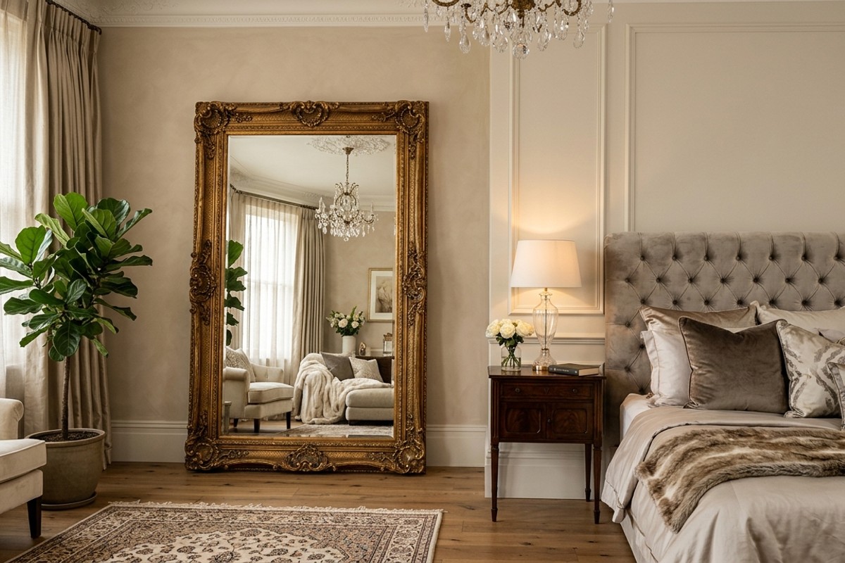 Ornate, full-length mirror leaning against a wall in a refined, luxurious bedroom, reflecting light.