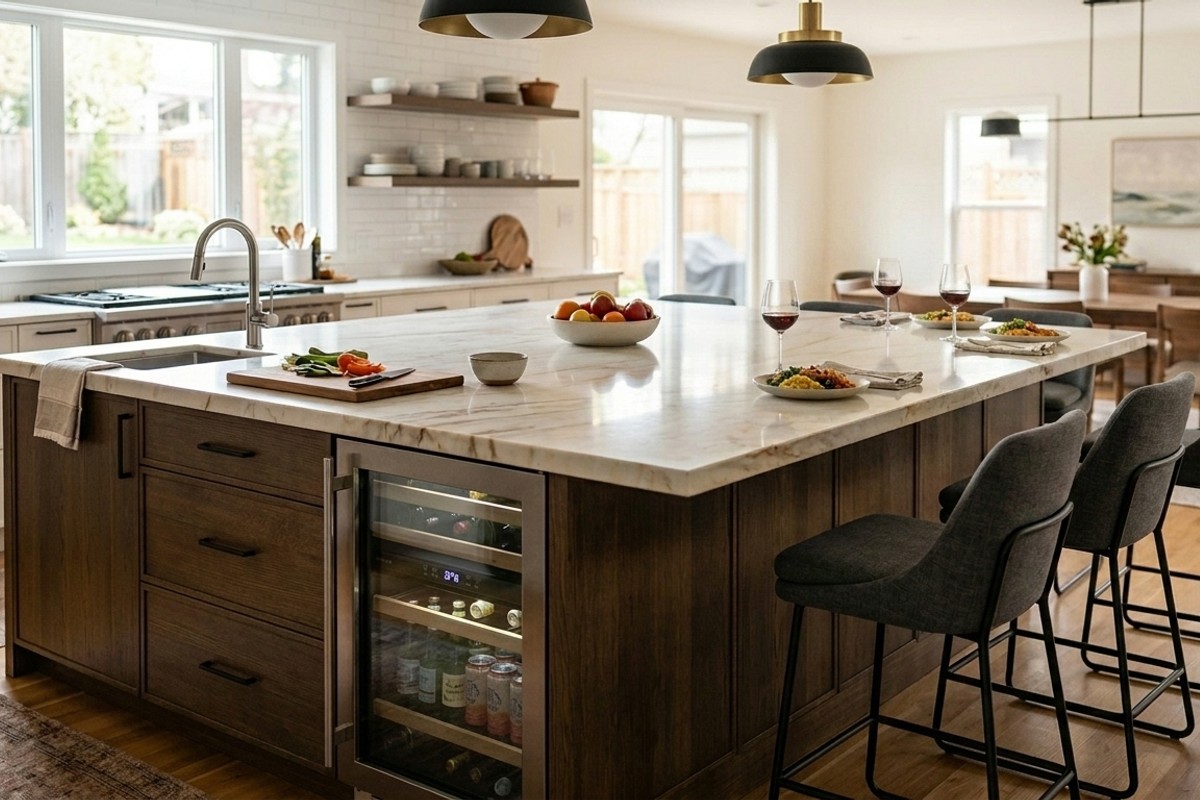 Multi-functional kitchen island with integrated seating, storage, and a prep sink.