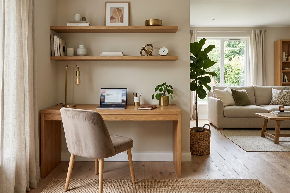Cohesive home office design with a consistent Accessible Beige color palette, warm oak furniture, brushed brass accents, and velvet upholstery.