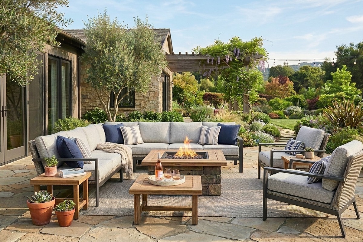 Outdoor furniture made from powder-coated aluminum and synthetic wicker, designed for durability and low maintenance.