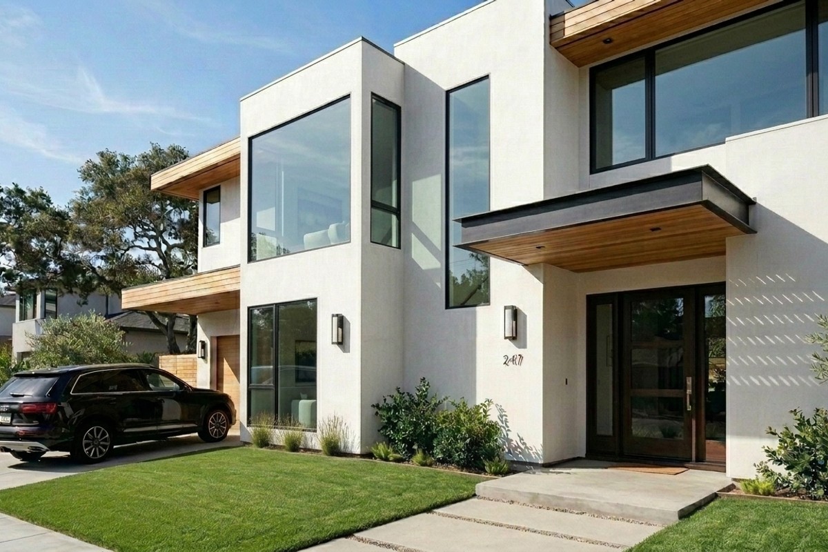 Modern home facade with horizontal wood slatted screens and a minimalist cantilevered awning.