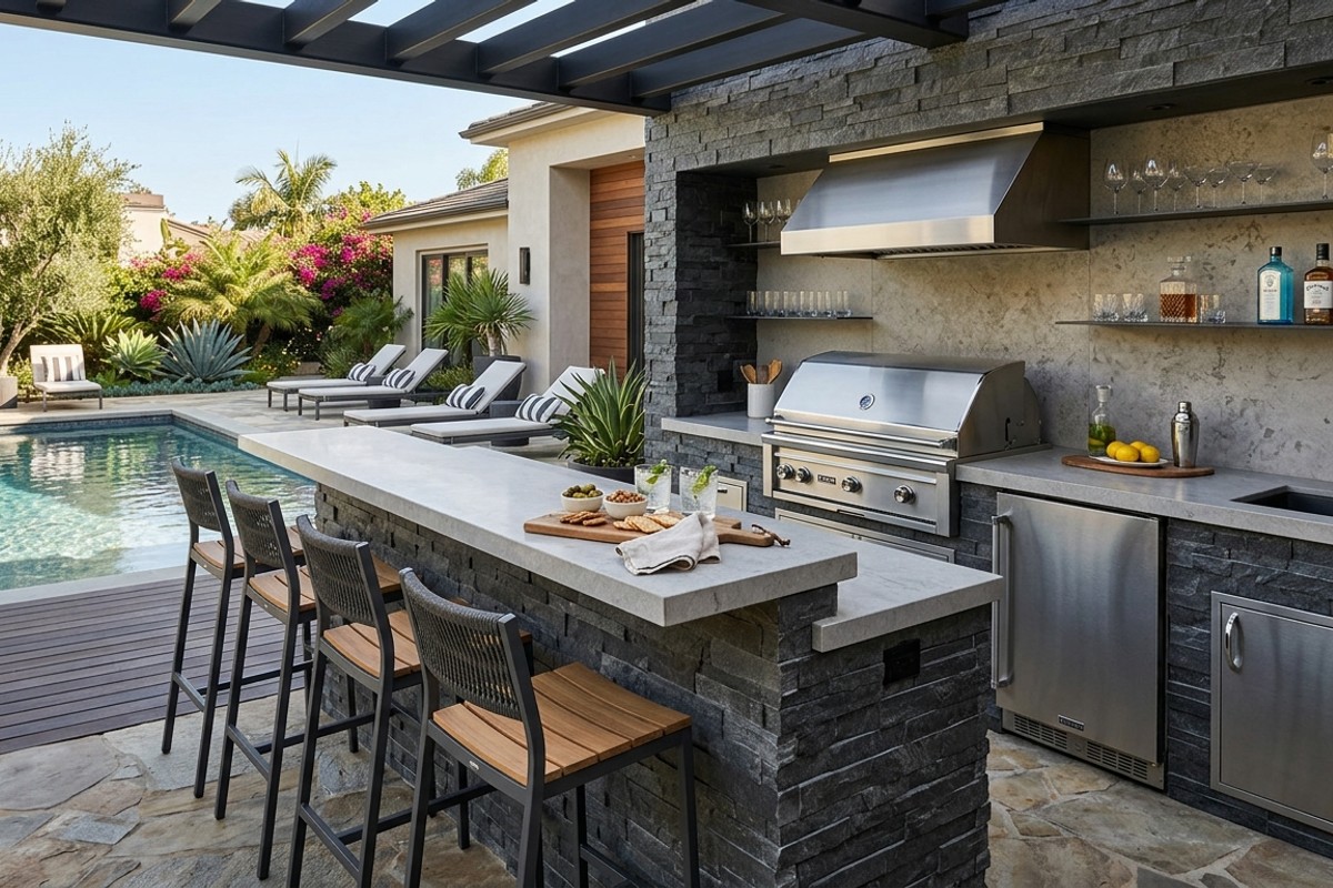 Fully equipped outdoor kitchen and wet bar next to a pool, featuring a built-in grill, refrigerator, sink, and ample counter space.