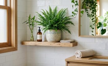 Bathroom featuring a vibrant green fern plant and natural wood accents, bringing nature indoors.