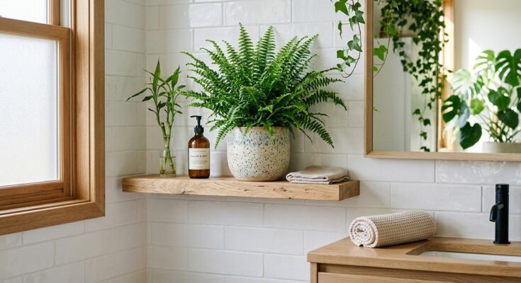 Bathroom featuring a vibrant green fern plant and natural wood accents, bringing nature indoors.